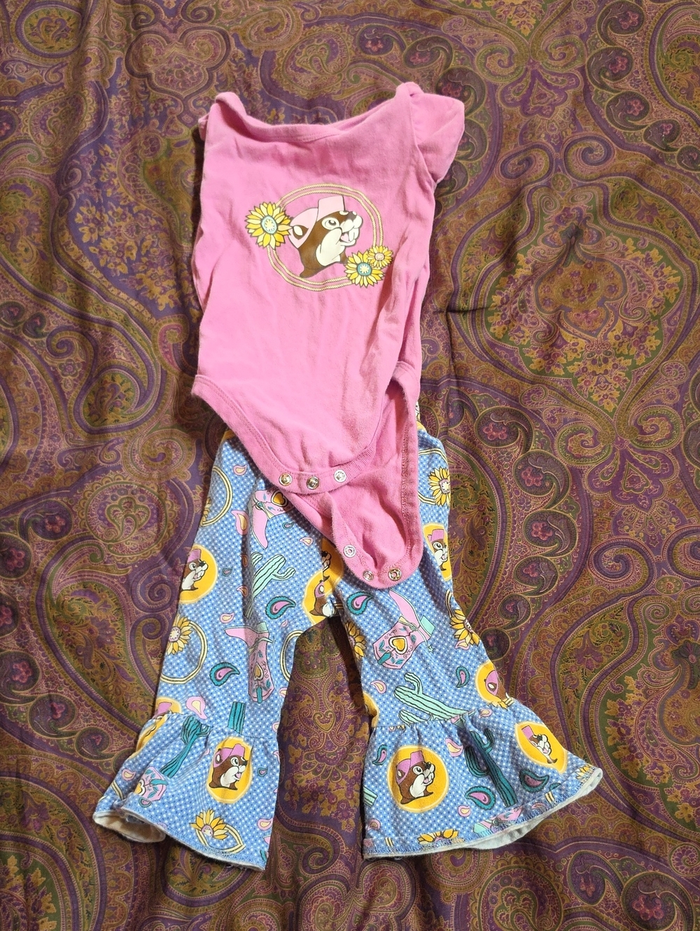 Pink Bodysuit & Blue Floral Character Flare Pants Matching Set